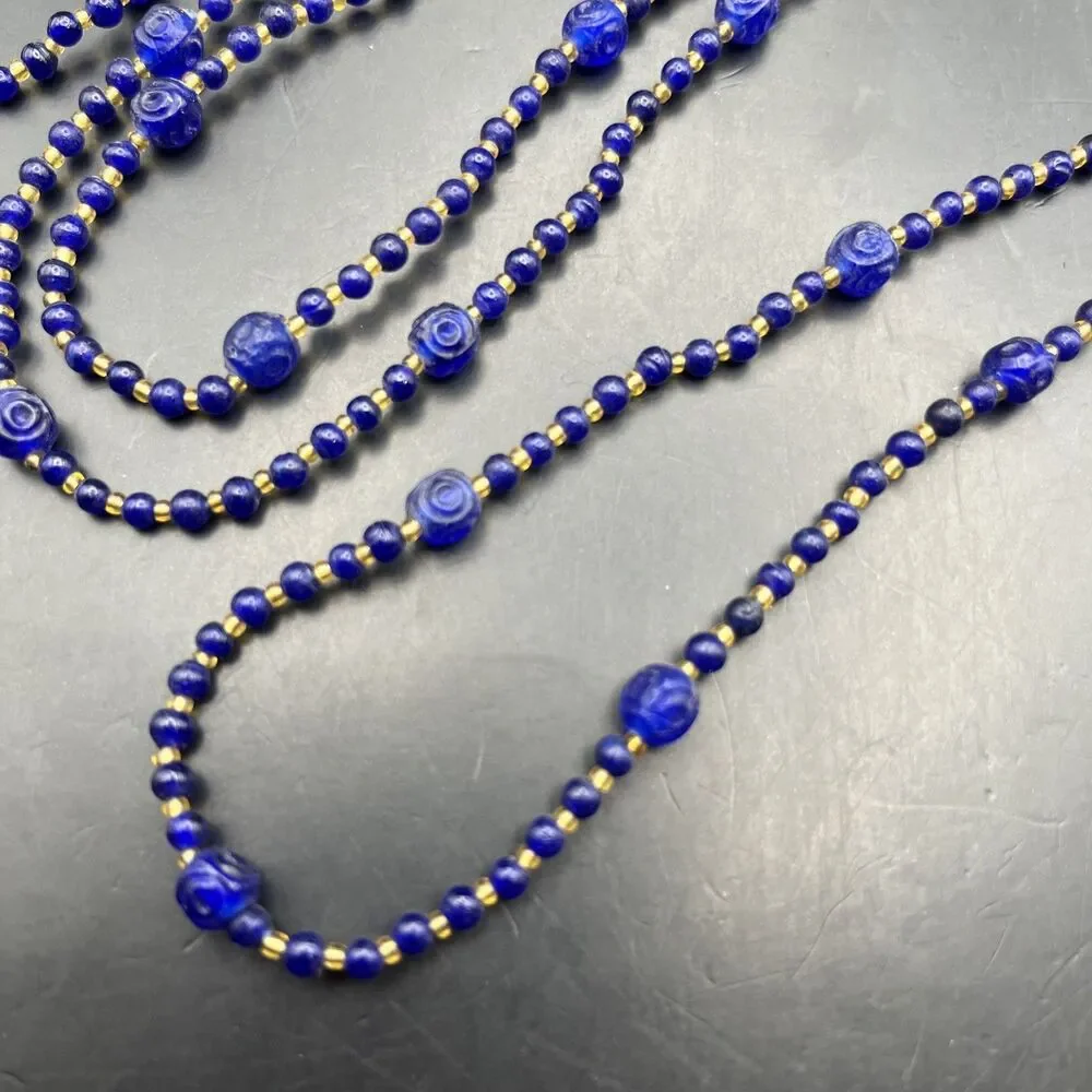 Vintage Extra Long Glass Bead Necklace Small Beads Dark Blue Gold Tone 48 Inch